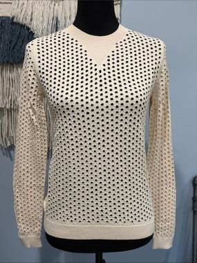 Intropia XS Open Knit Sweater Cream Crochet Pullover Boho Coastal Luxury Spain